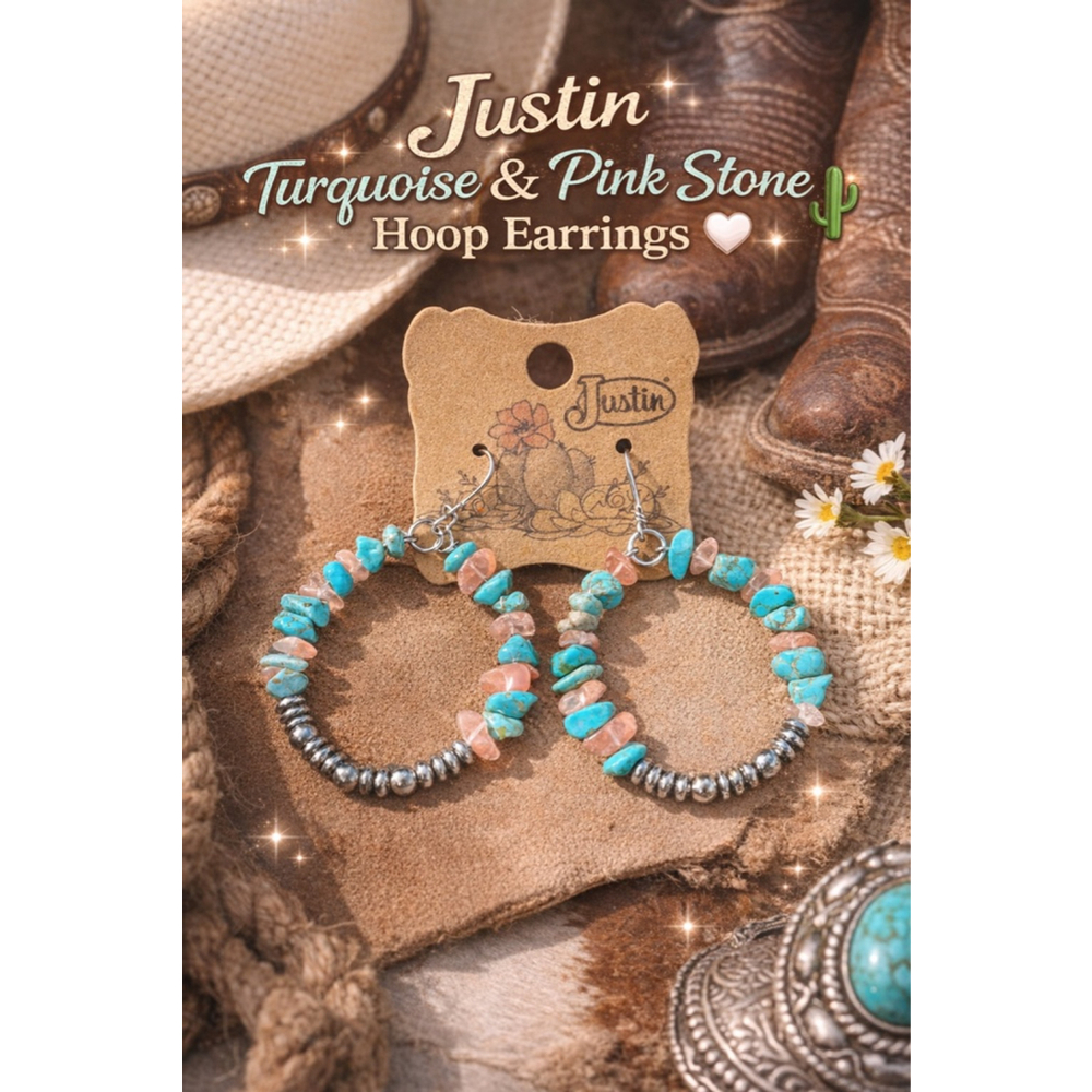 Justin Turquoise & Pink Stone Hoop Earrings | Western Boho Beaded Hoops | Boutiq